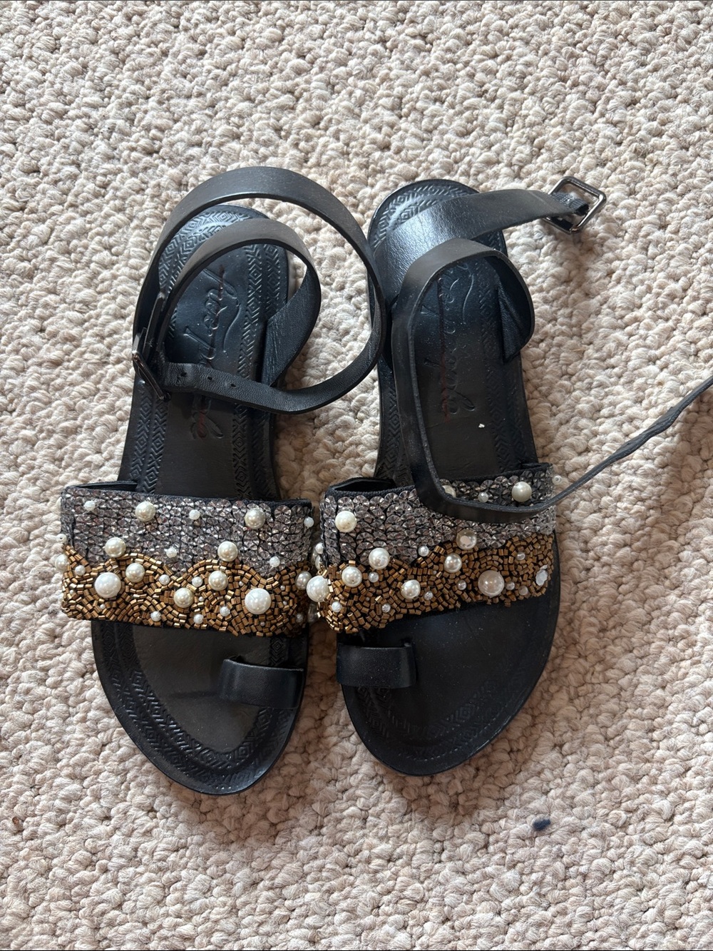 Free People Black Beaded Pearl Ankle-Strap Sandals sz 37